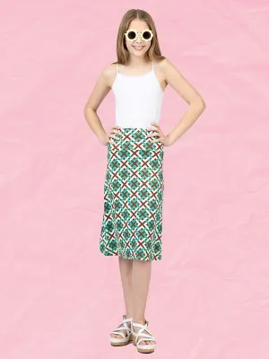 24sevenkid Green Geo Print Girls Knee Length Skirt