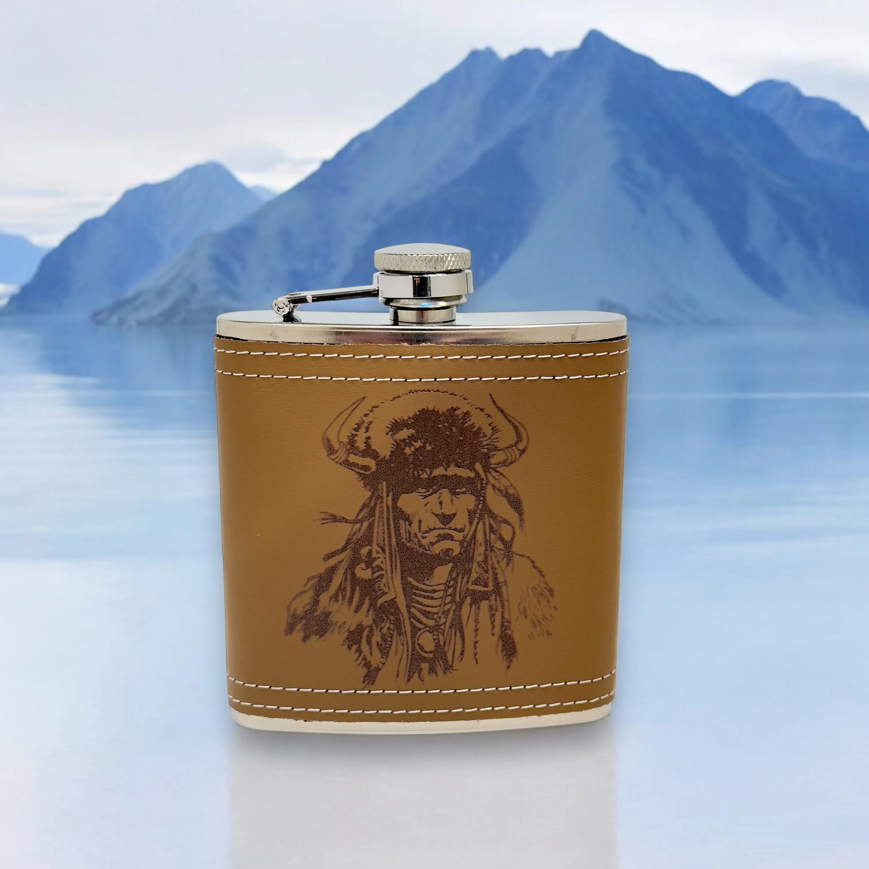 6oz Native Warrior Leather Flask