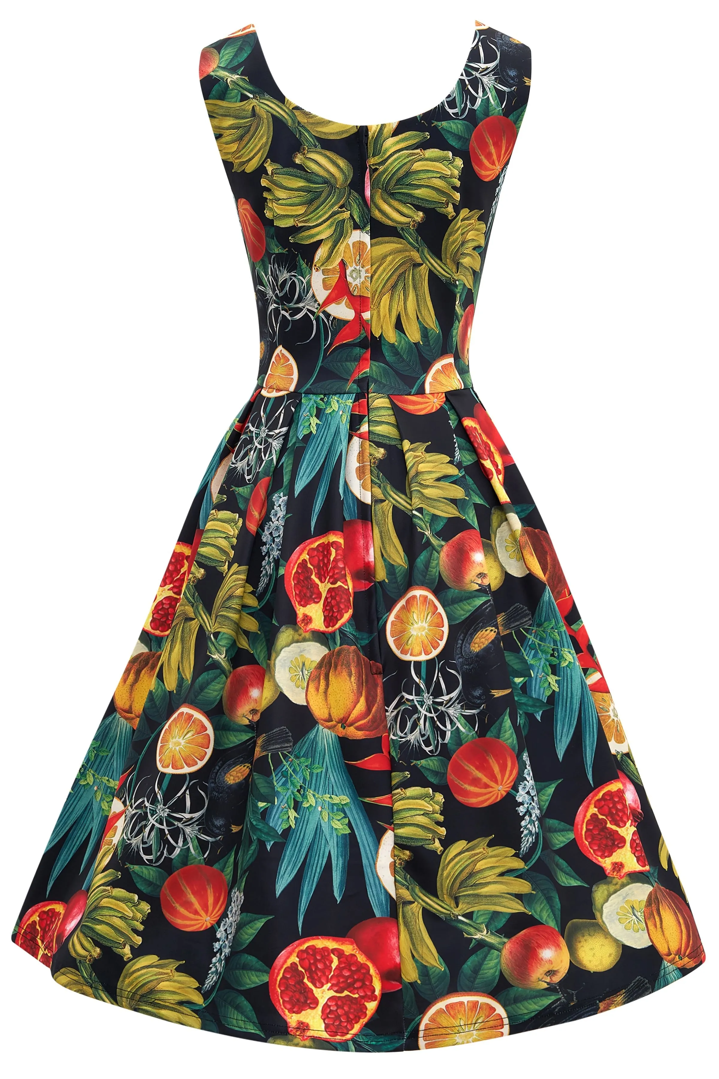 Amanda Black Tropical Fruits Print Pleated Dress