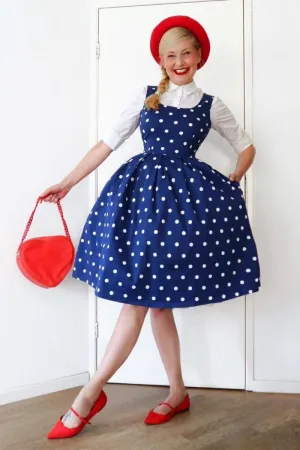 Amanda Scoop Neck Swing Dress Blue-White Polka Premium Cotton