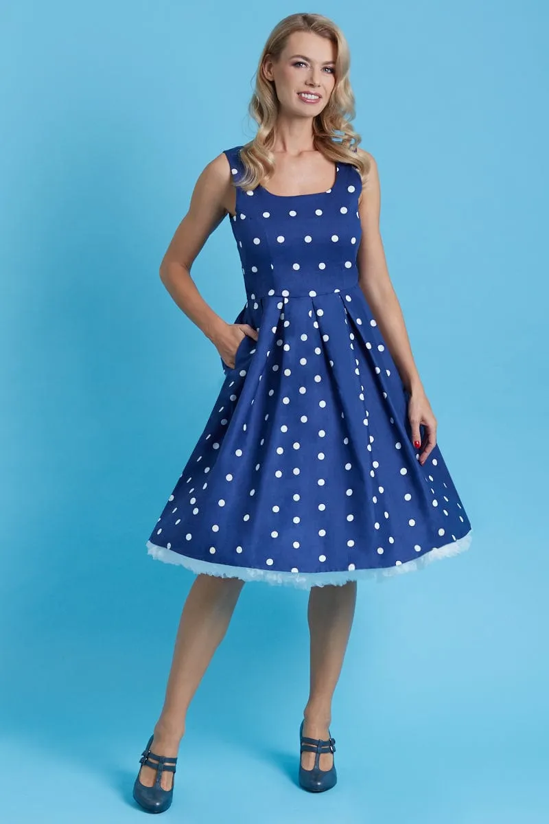 Amanda Scoop Neck Swing Dress Blue-White Polka Premium Cotton