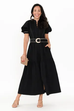 Amour Black Cotton Belted Dress