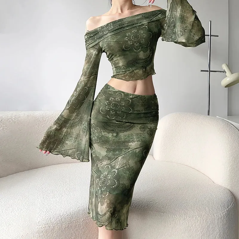 Amozae Vintage Print Mesh Long Skirt Elegant Lady Low Waist Bodycon Wrap Skirt Grunge Style Green Aesthetic Street Outfits