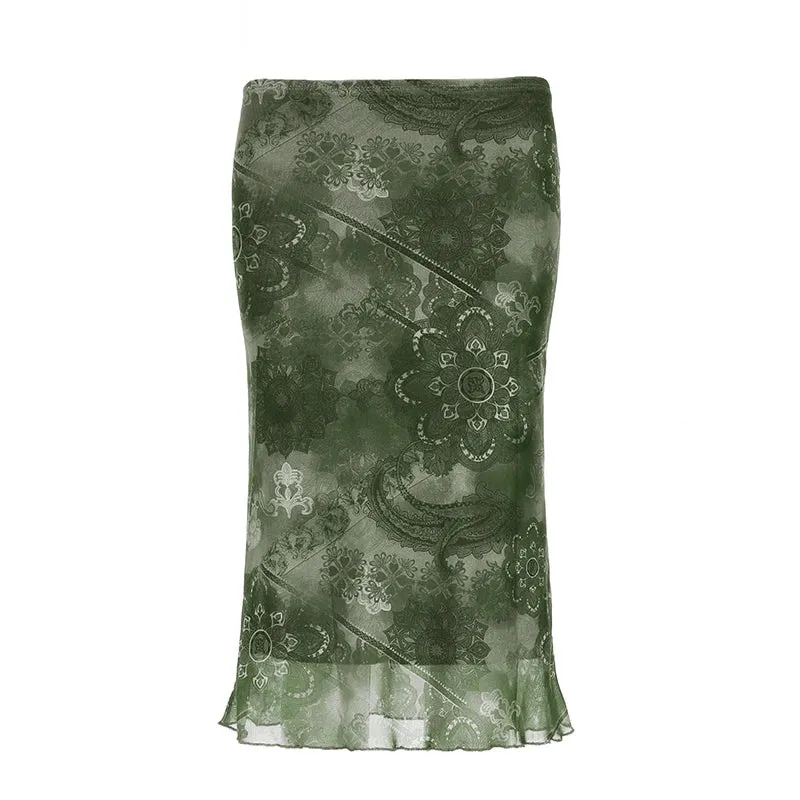 Amozae Vintage Print Mesh Long Skirt Elegant Lady Low Waist Bodycon Wrap Skirt Grunge Style Green Aesthetic Street Outfits