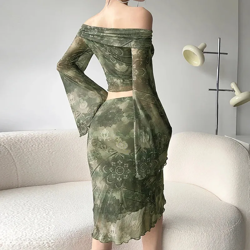 Amozae Vintage Print Mesh Long Skirt Elegant Lady Low Waist Bodycon Wrap Skirt Grunge Style Green Aesthetic Street Outfits