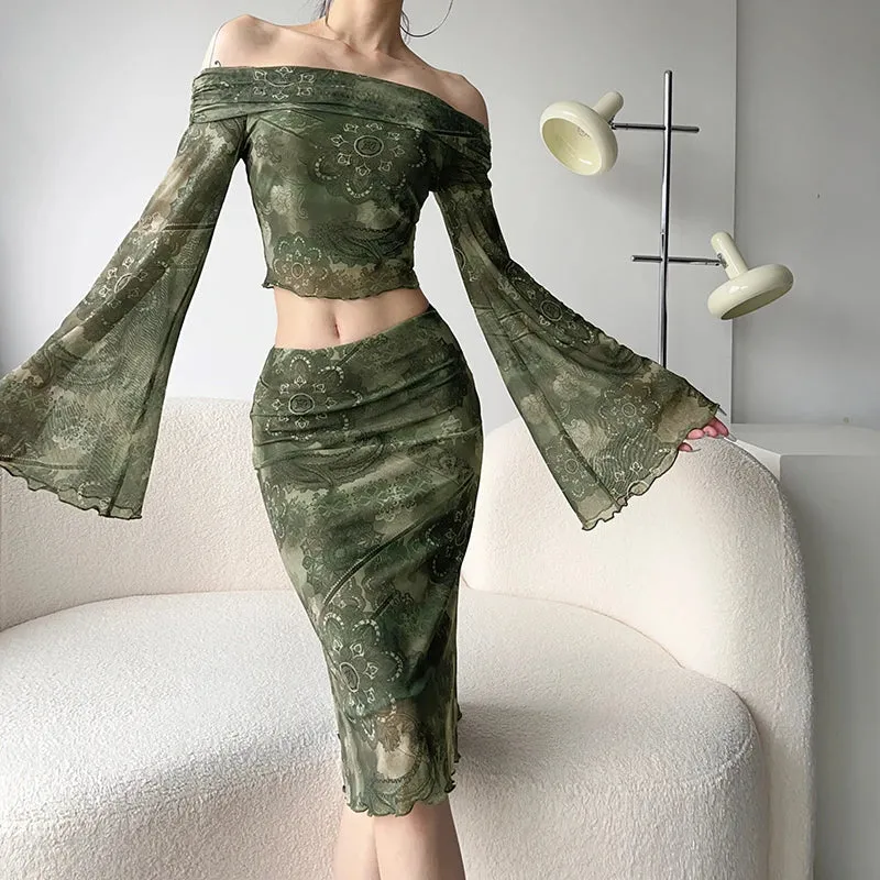 Amozae Vintage Print Mesh Long Skirt Elegant Lady Low Waist Bodycon Wrap Skirt Grunge Style Green Aesthetic Street Outfits