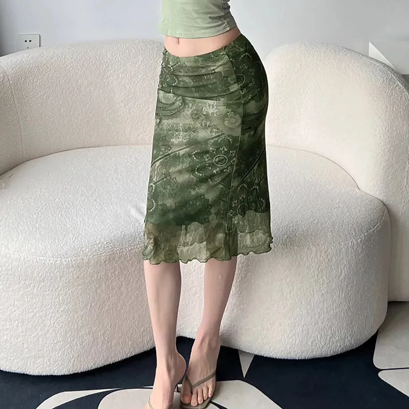 Amozae Vintage Print Mesh Long Skirt Elegant Lady Low Waist Bodycon Wrap Skirt Grunge Style Green Aesthetic Street Outfits