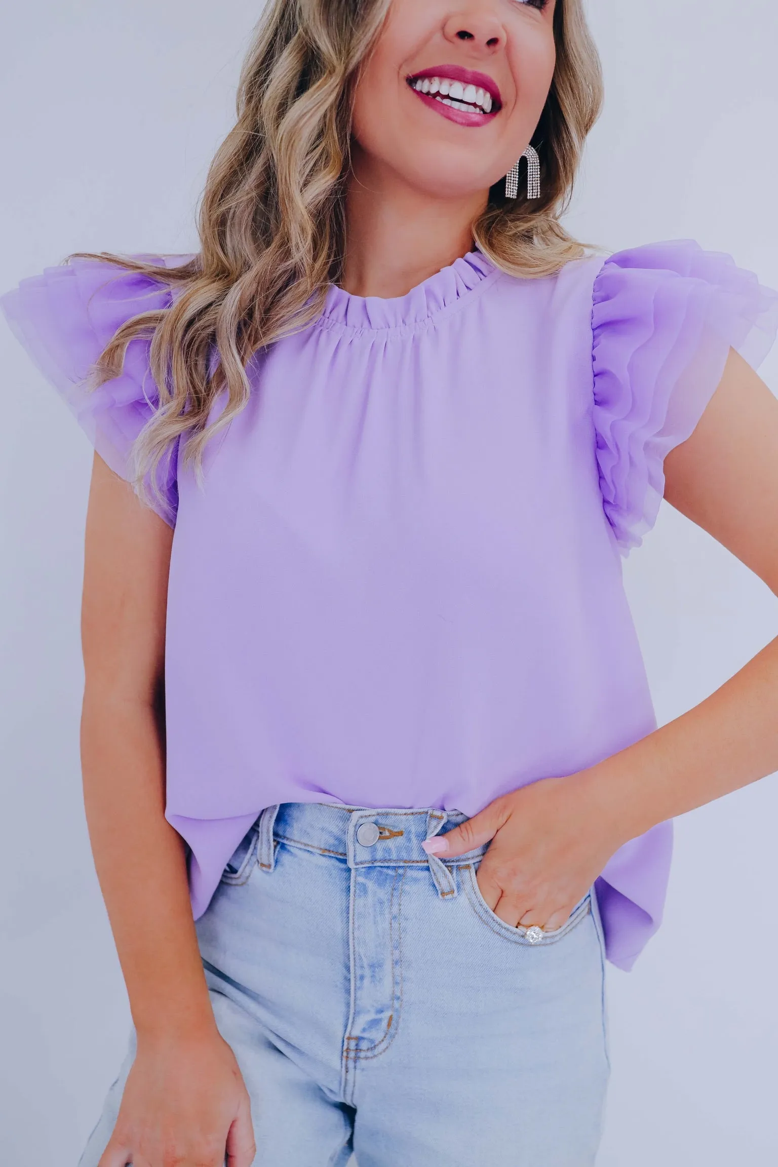 Angelica Tulle Ruffle Sleeve Top - Lavender