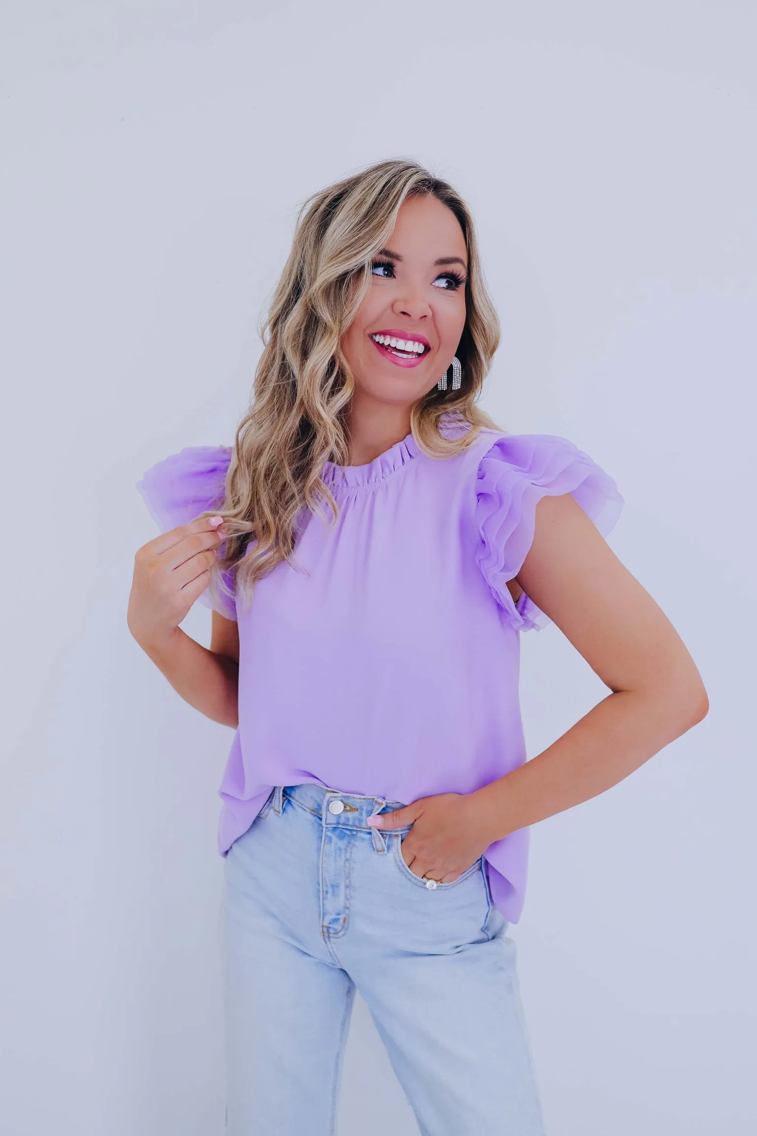 Angelica Tulle Ruffle Sleeve Top - Lavender