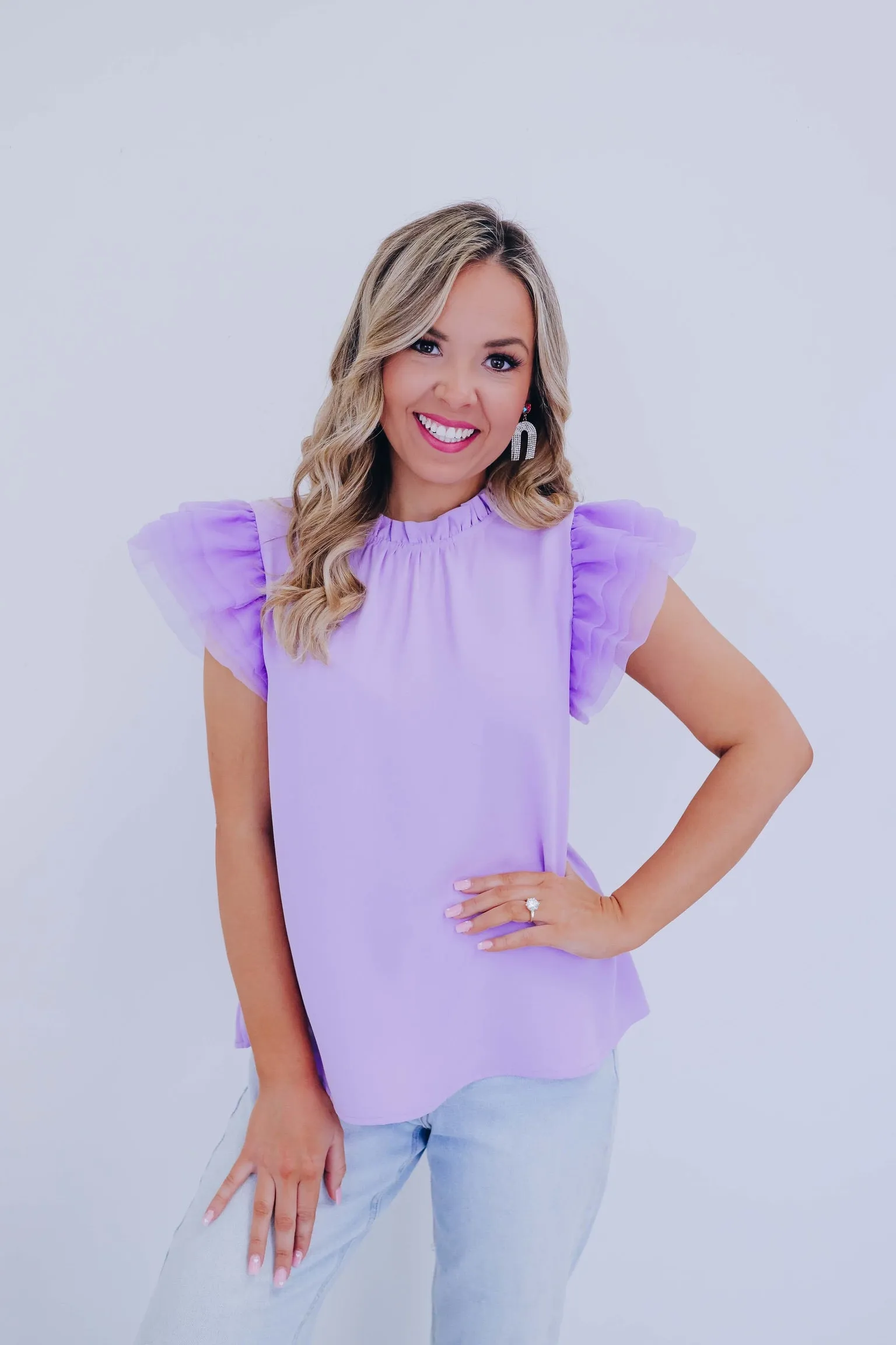 Angelica Tulle Ruffle Sleeve Top - Lavender