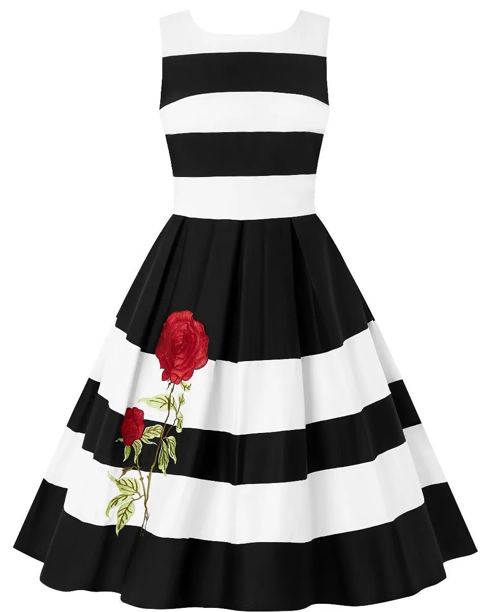 Annie Embroidered Rose Stripe Swing Dress in Black-White