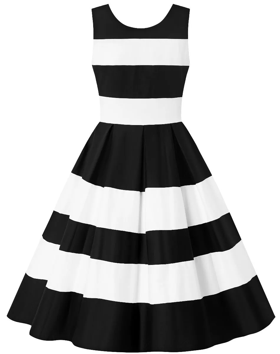 Annie Embroidered Rose Stripe Swing Dress in Black-White