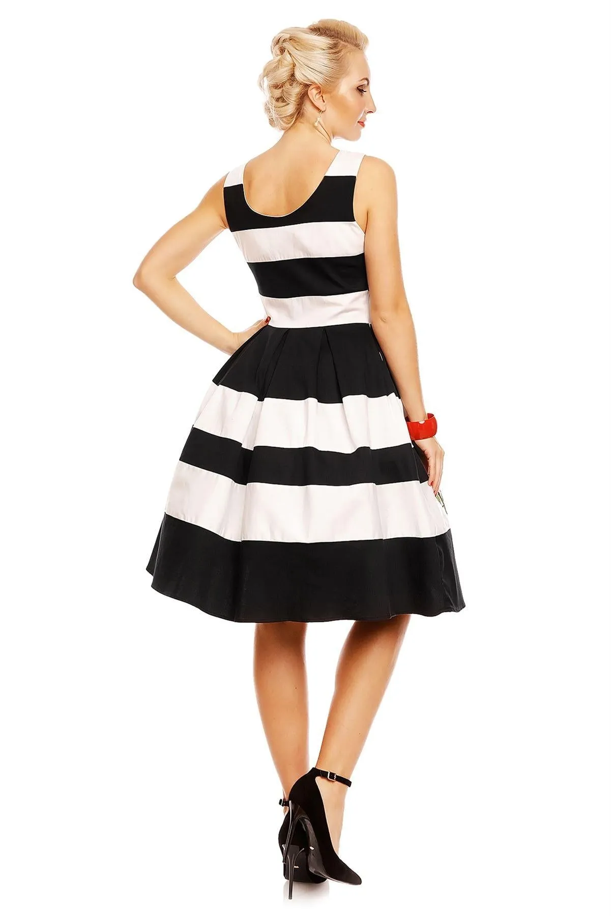 Annie Embroidered Rose Stripe Swing Dress in Black-White