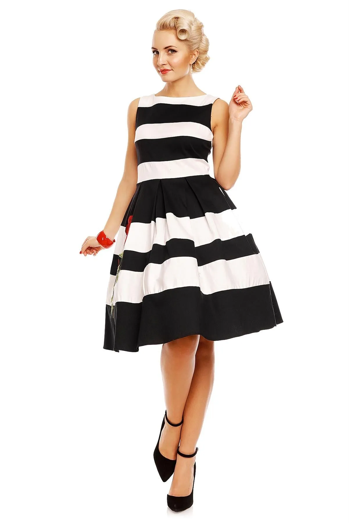 Annie Embroidered Rose Stripe Swing Dress in Black-White