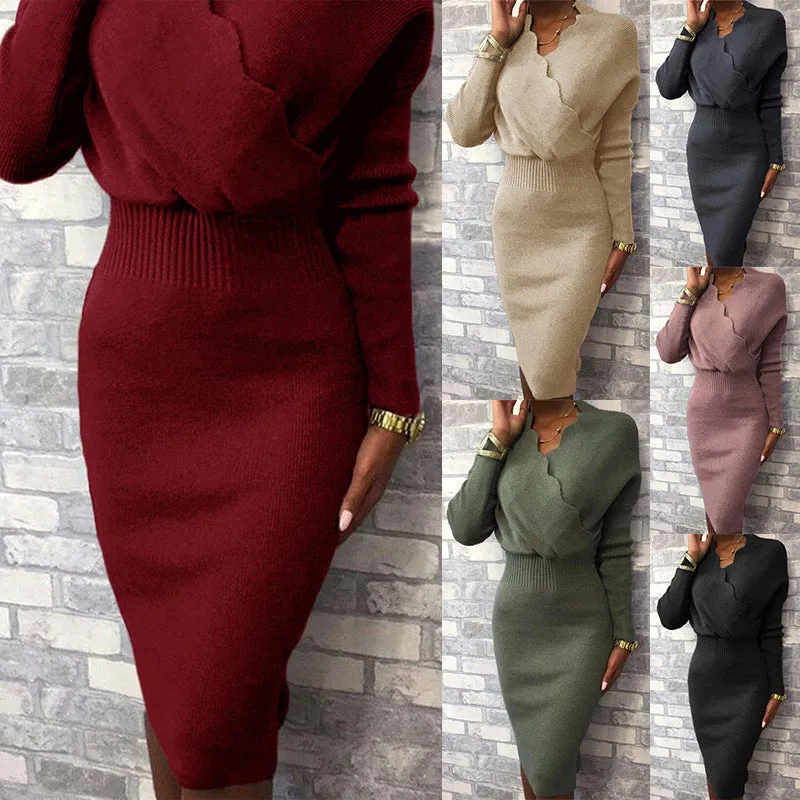 Autumn slim dress female elegant fashion office lady collar knitted dress winter long lantern sleeve bodycon party skirt