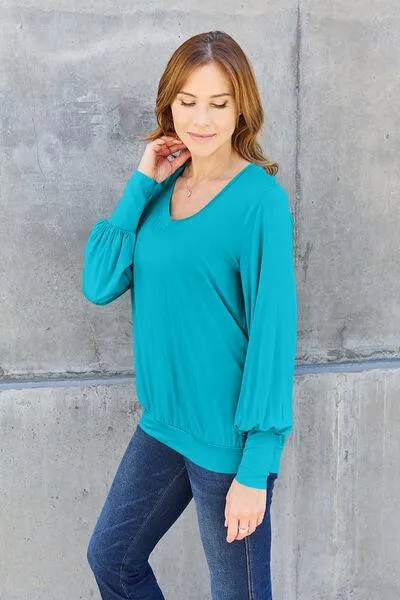 Basic Bae Full Size V-Neck Lantern Sleeve Blouse