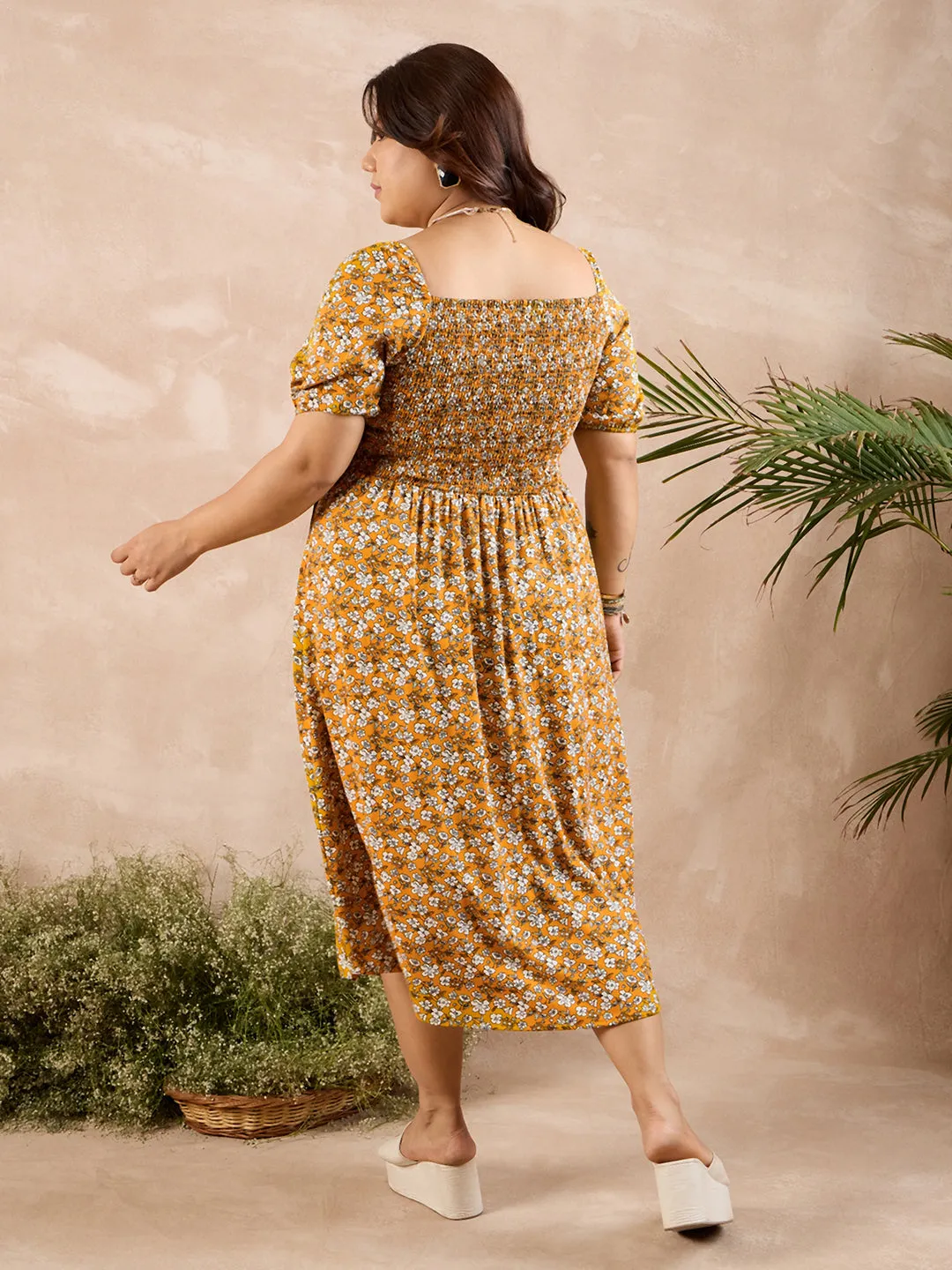 Berrylush Curve Women Mustard Yellow & White Floral Printed Square Neck Tie-Up Front Straight Hem Smocked Fit & Flare Midi Dress