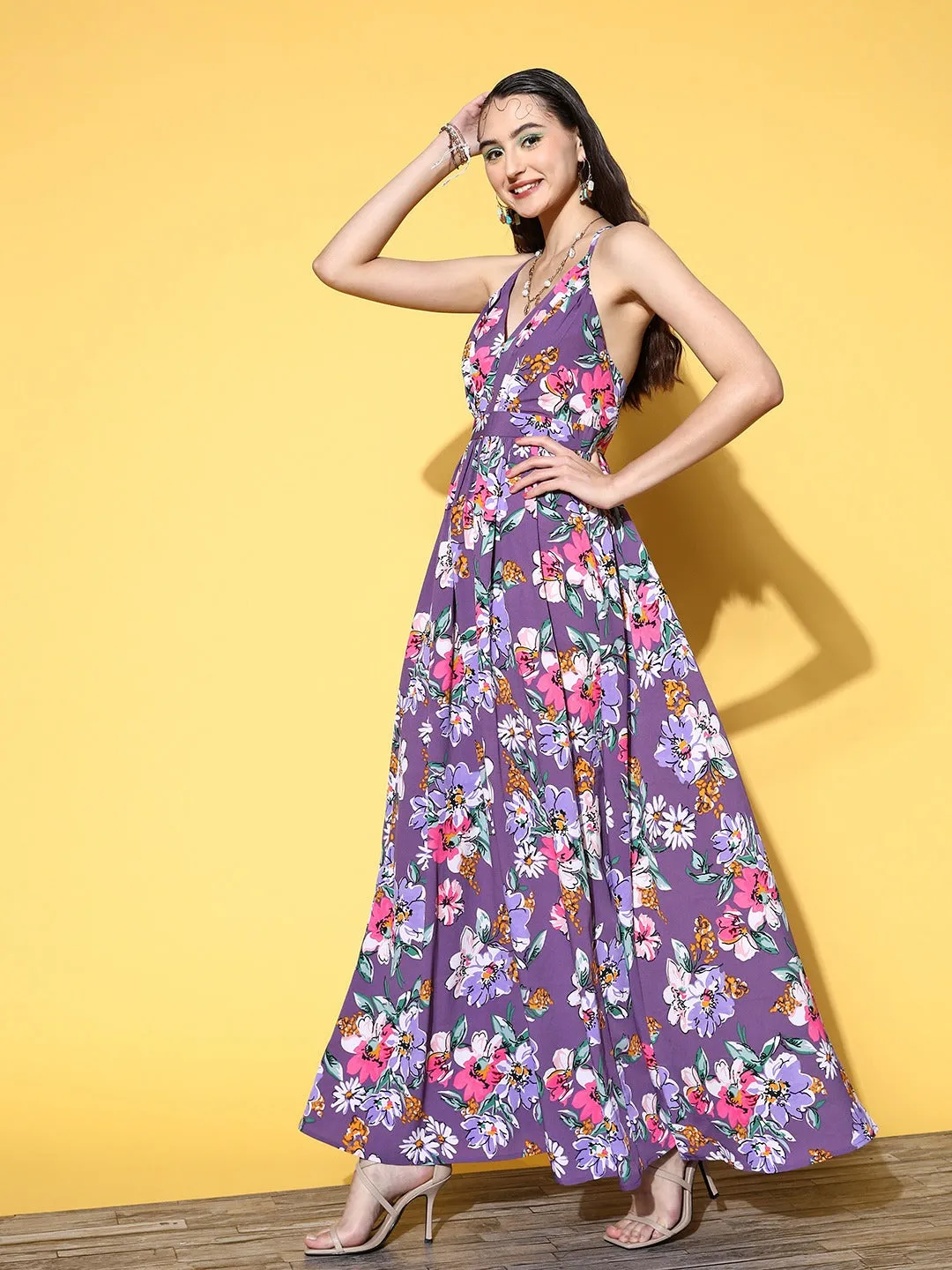 Berrylush Woman Purple & Pink Floral Printed V-Neck Crepe Pleated Fit & Flare Maxi Dress