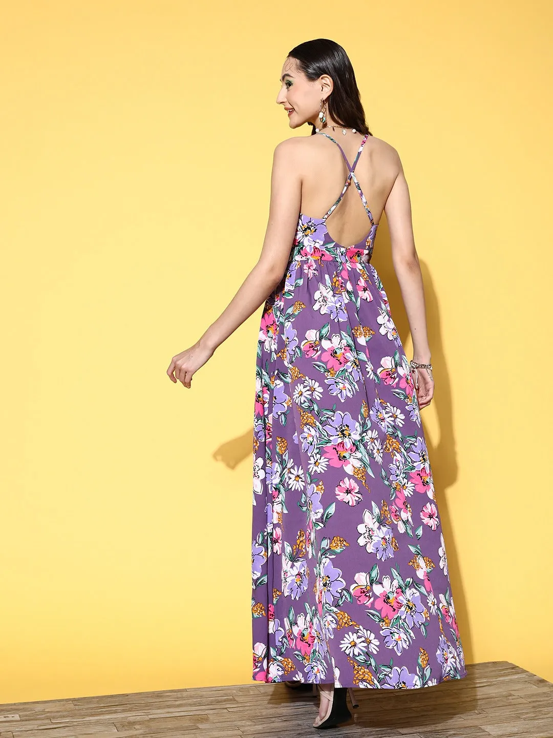 Berrylush Woman Purple & Pink Floral Printed V-Neck Crepe Pleated Fit & Flare Maxi Dress