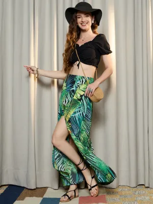 Berrylush Women Black & Green Tropical Printed High-Rise Waist Slip-On Thigh-High Slit Flared A-Line Maxi Skirt