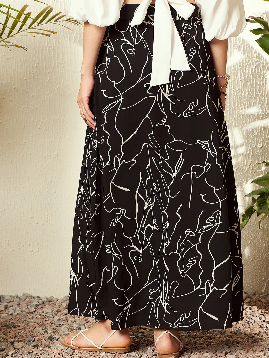 Berrylush Women Black & White Abstract Printed High-Rise Waist Zipper-Up Straight Hem Thigh-High Slit A-Line Maxi Skirt