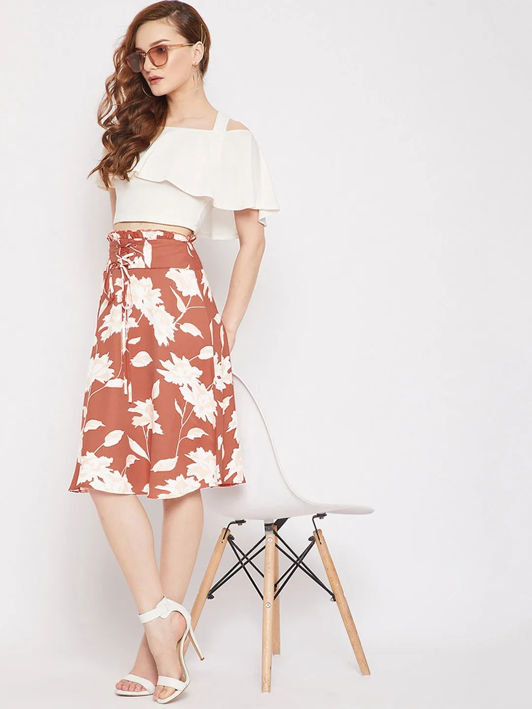 Berrylush Women Brown & White Floral Printed Corset Paperbag Straight A-Line Midi Skirt