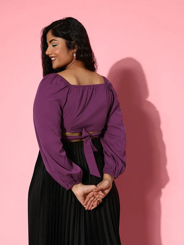 Berrylush Women Plus Size Solid Purple Sweetheart Neck Waist Tie-Up Crepe Cropped Blouson Top