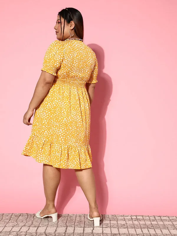 Berrylush Women Plus Size Yellow & White Floral Printed V-Neck Crepe Smocked Fit & Flare Midi Dress