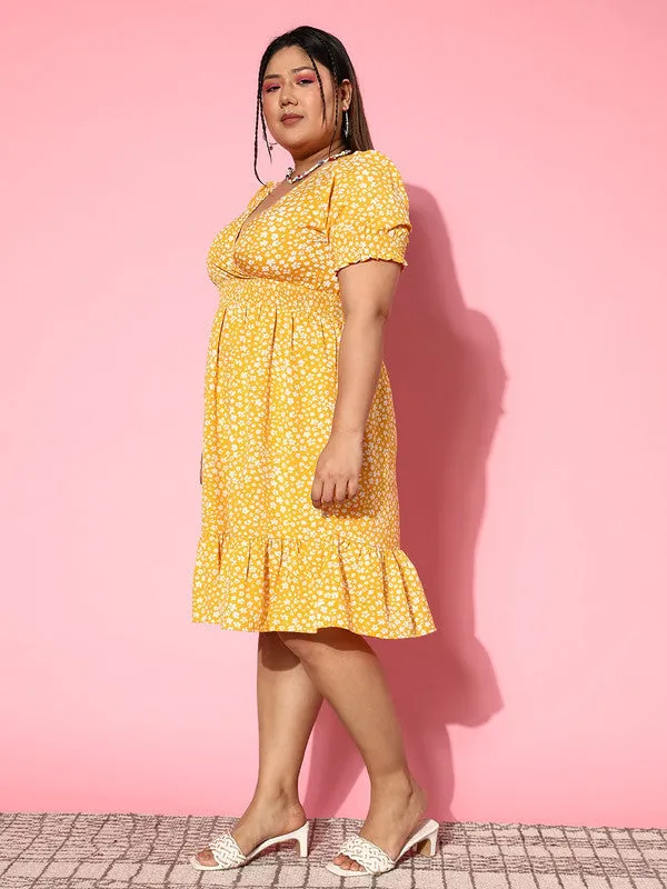 Berrylush Women Plus Size Yellow & White Floral Printed V-Neck Crepe Smocked Fit & Flare Midi Dress