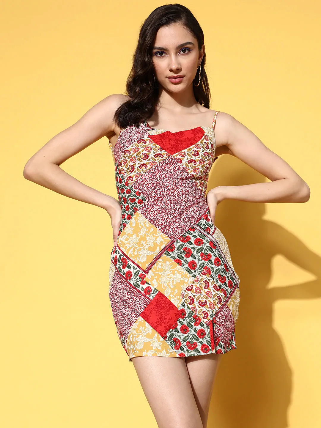 Berrylush Women Red & Yellow Floral Printed Square Neck Crepe Tie-Up Backless Bodycon Mini Dress