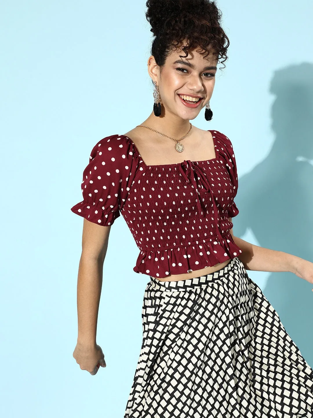 Berrylush Women Red Polka Dot Printed Square-Neck Crepe Smocked Crop Top