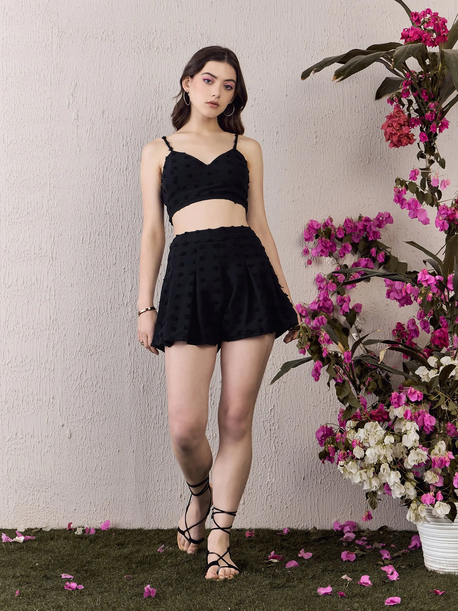 Berrylush Women Solid Black Dobby Weave V-Neck Sleeveless Cropped Top & Mini Skirt Co-Ordinate Set