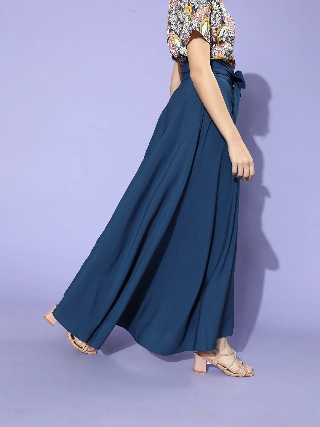 Berrylush Solid Royal Blue Maxi Skirt with Waist Tie-Ups for Women, Flared Style