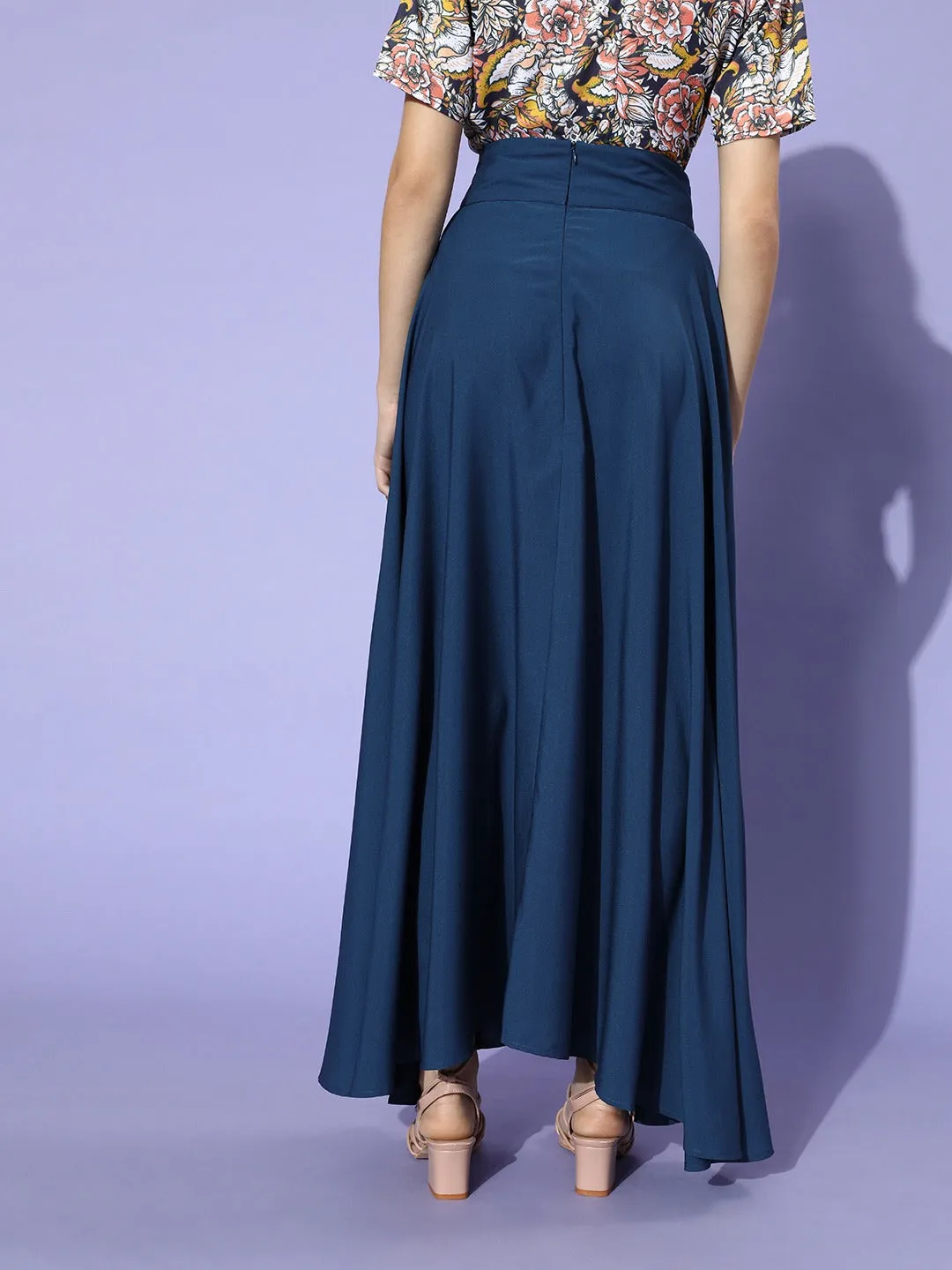 Berrylush Solid Royal Blue Maxi Skirt with Waist Tie-Ups for Women, Flared Style