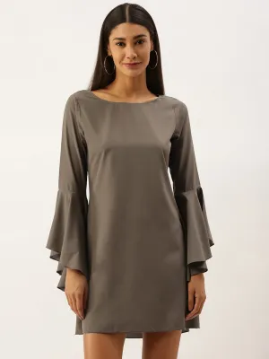 Berrylush Women Solid Grey Round Neck Bell Sleeves Crepe Straight Hem Ruffled A-Line Mini Dress