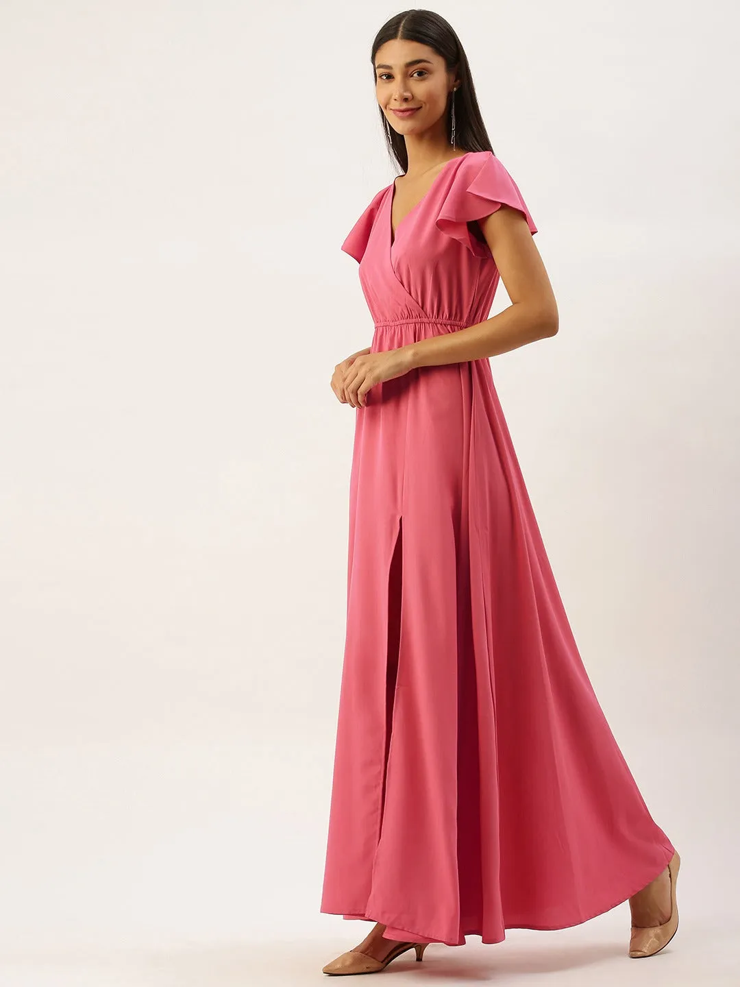 Berrylush Women Solid Pink V-Neckline Maxi Dress