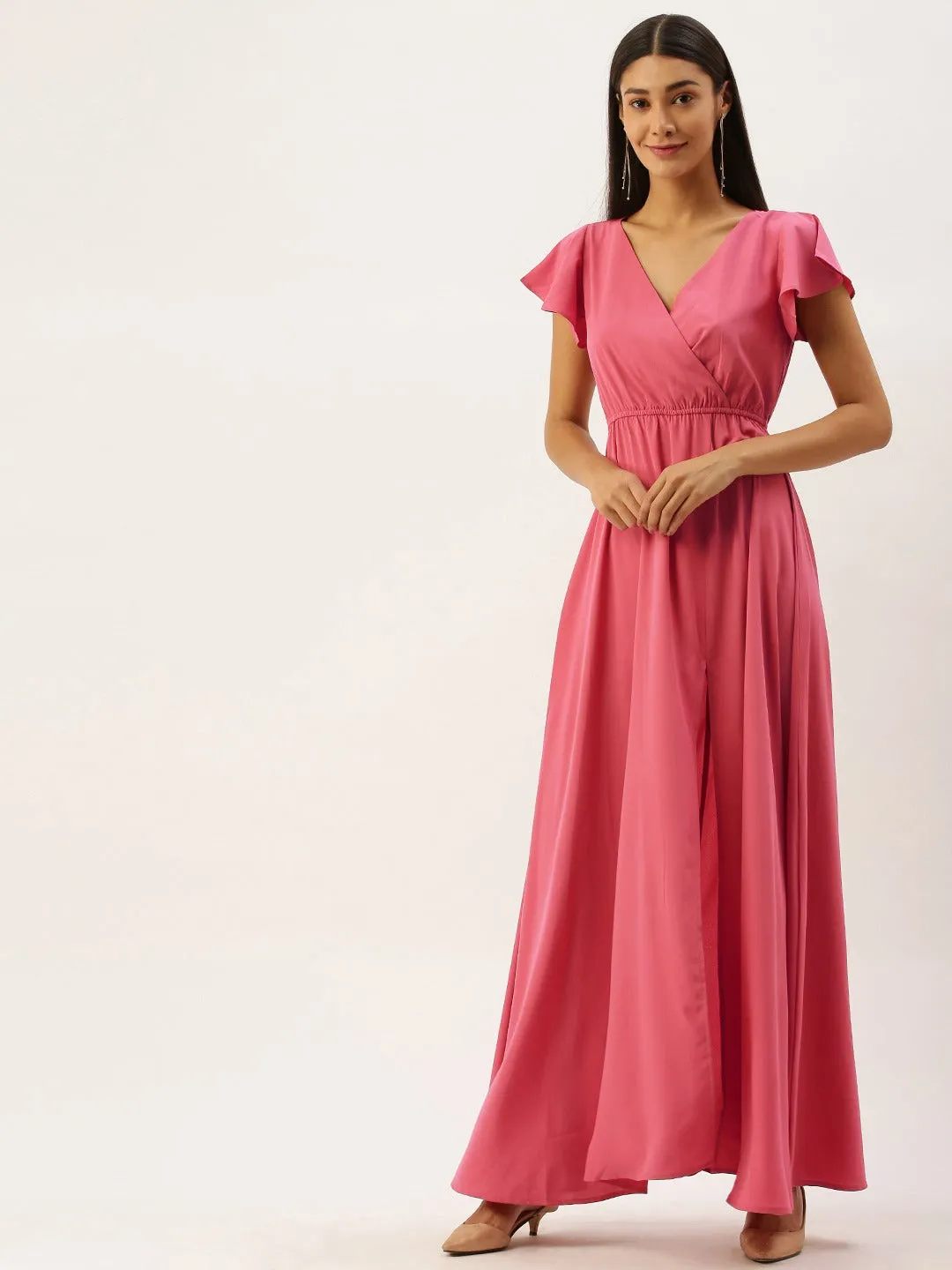 Berrylush Women Solid Pink V-Neckline Maxi Dress