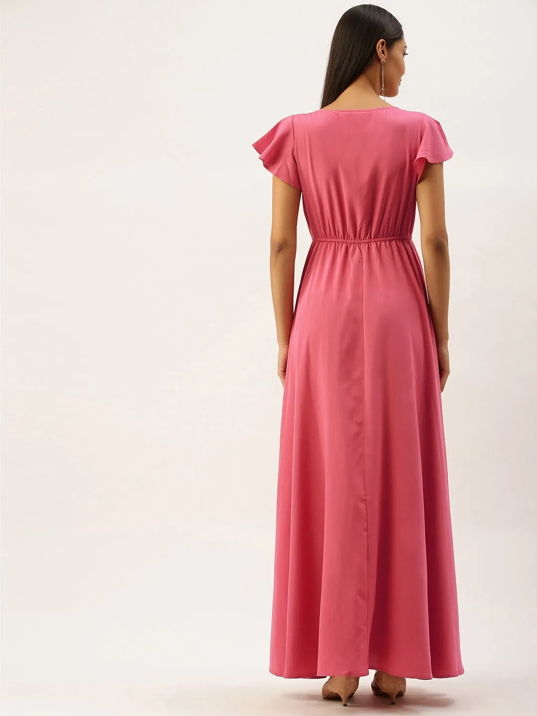 Berrylush Women Solid Pink V-Neckline Maxi Dress