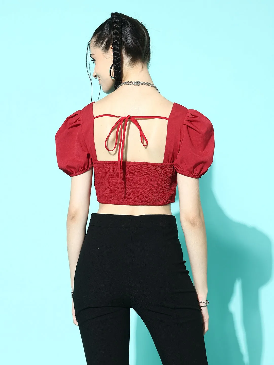 Berrylush Women Solid Red Sweetheart Neck Front Bow Sleeveless Back Tie-Up Ruffled Crop Blouson Top