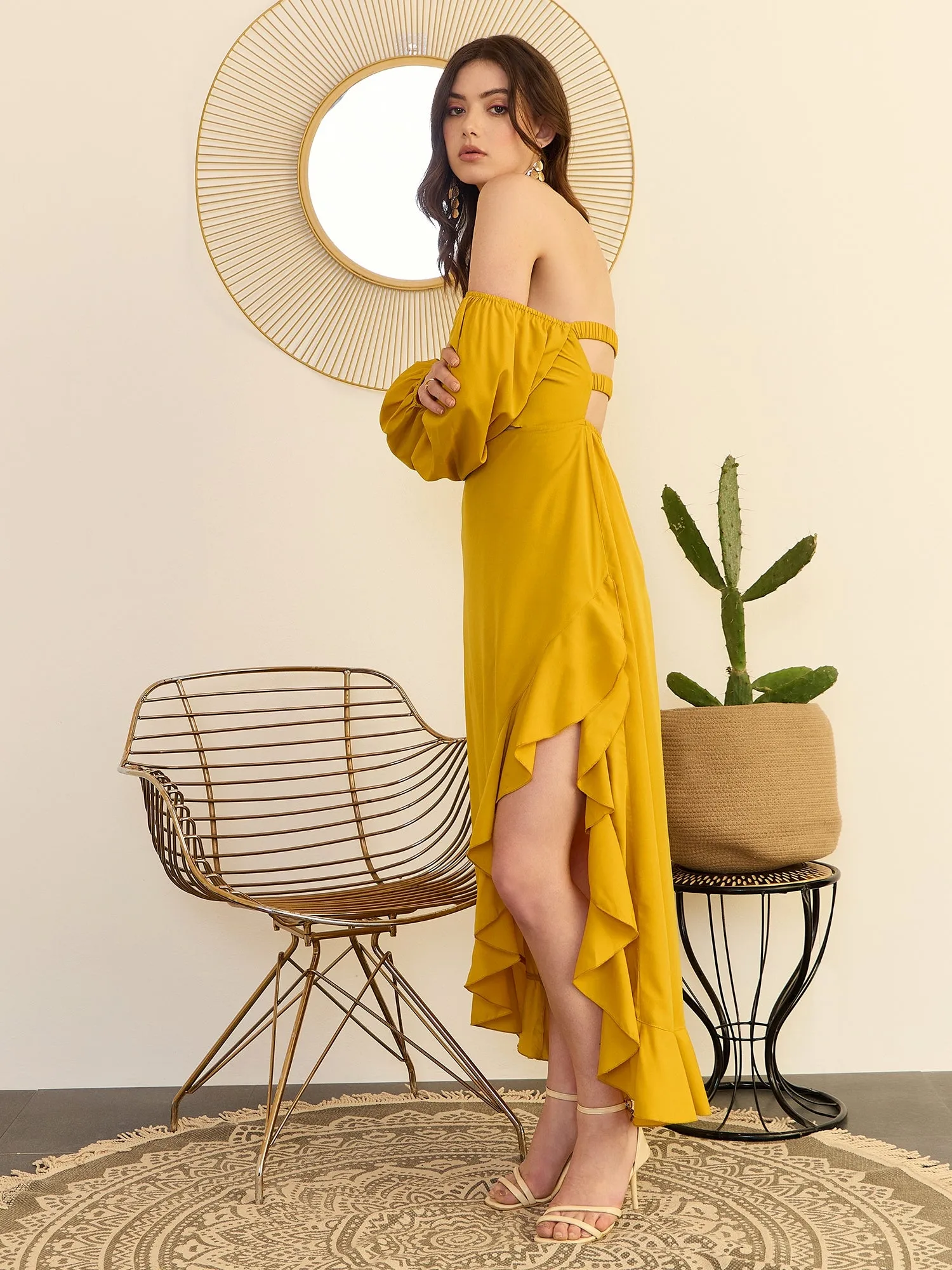 Berrylush Women Solid Yellow Off-Shoulder Neck Puff Sleeves Cut-Out Asymmetrical Hem A-Line Midi Dress