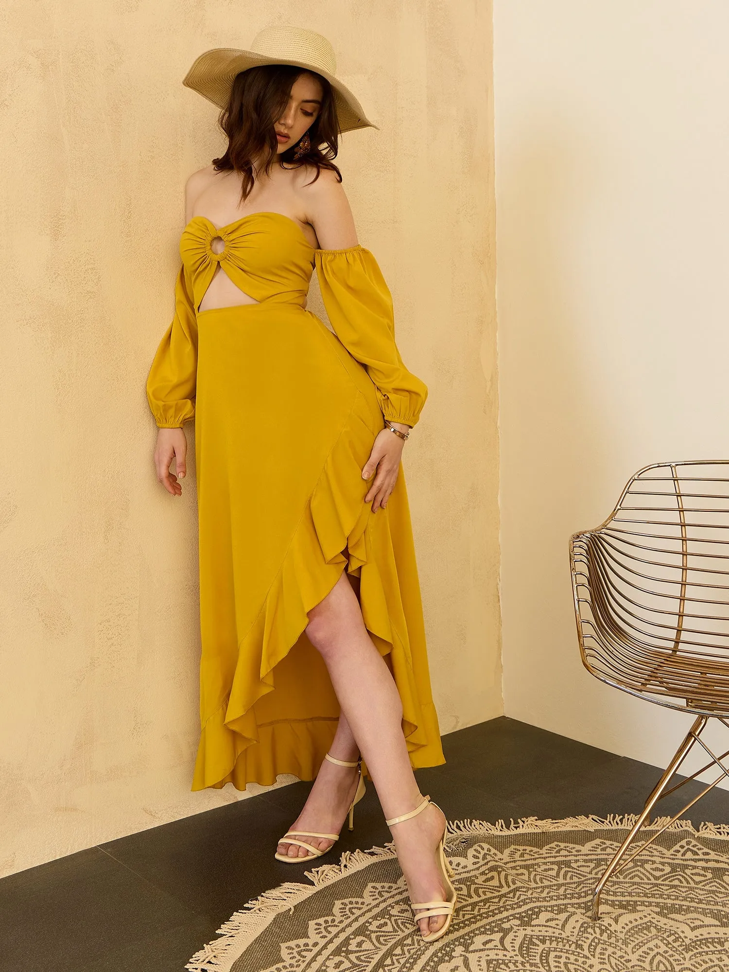 Berrylush Women Solid Yellow Off-Shoulder Neck Puff Sleeves Cut-Out Asymmetrical Hem A-Line Midi Dress