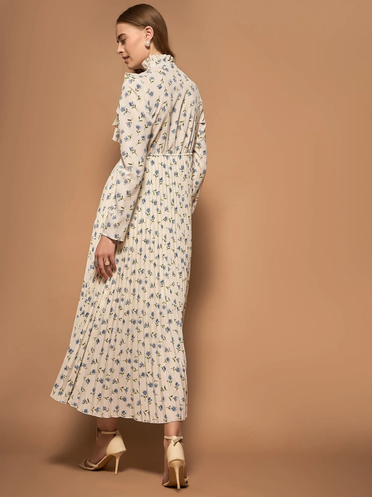 Berrylush Women White & Blue Floral Printed Tie-Up Neck Front Ruffles Pleated A-Line Maxi Dress