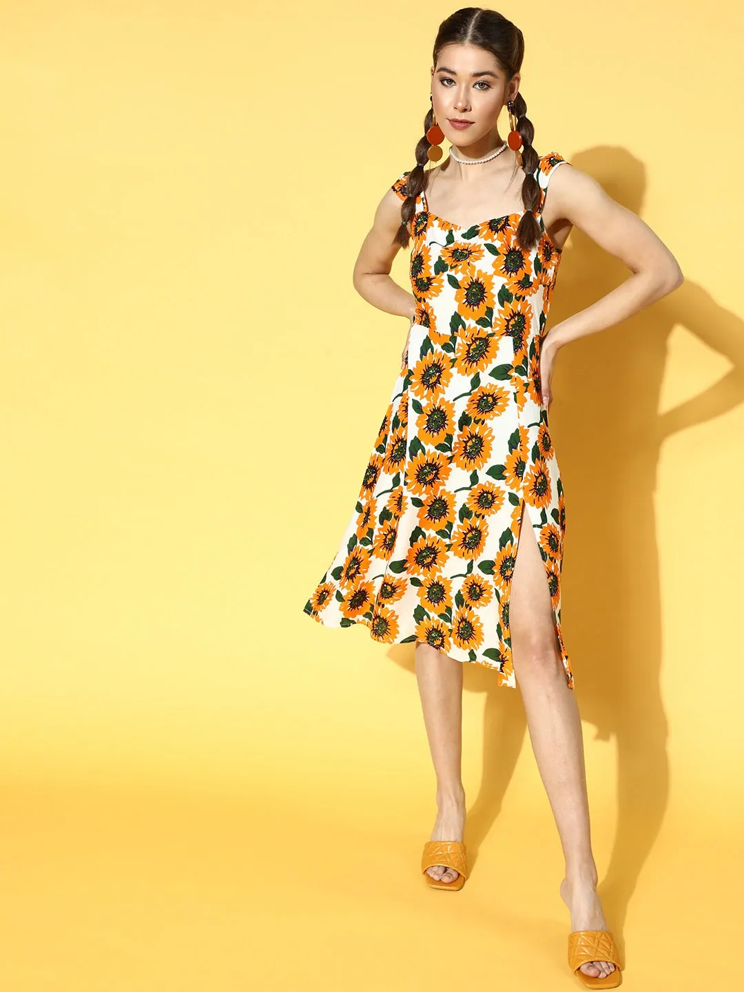 Berrylush Women White & Mustard Yellow Sunflower Printed Sweetheart Neck Thigh-High Slit Pleated A-Line Midi Dress