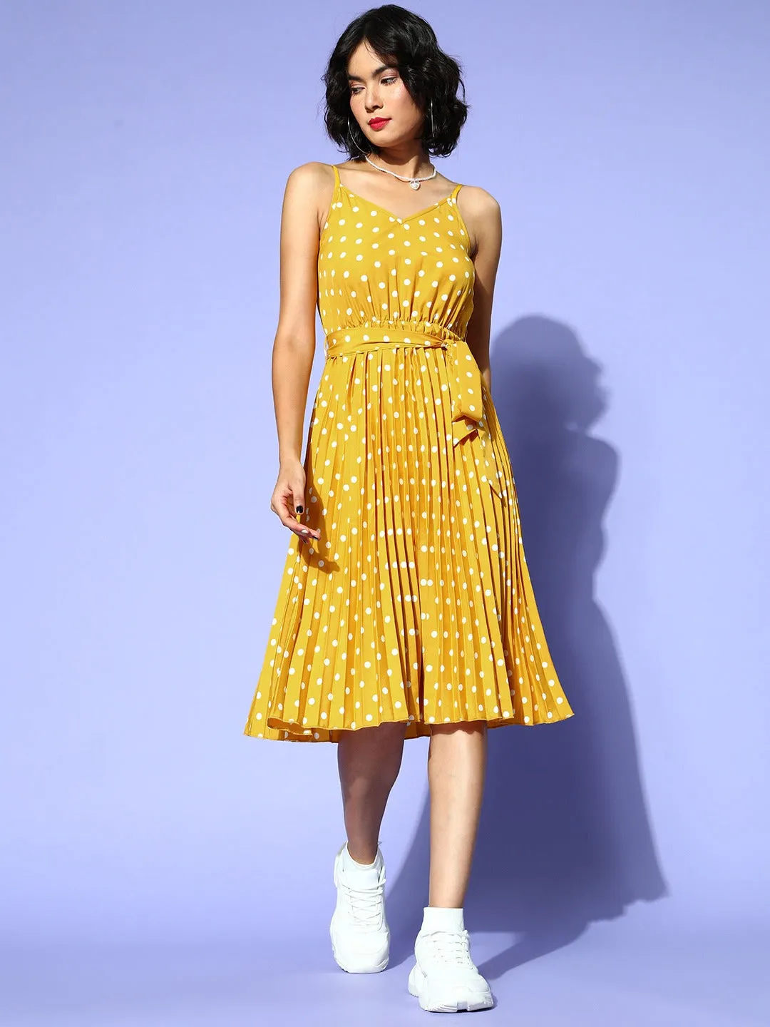 Berrylush Women Yellow & White Polka Dot Printed V-Neck Tie-Up Waist Crepe Accordion Pleated Fit & Flare Midi Dress