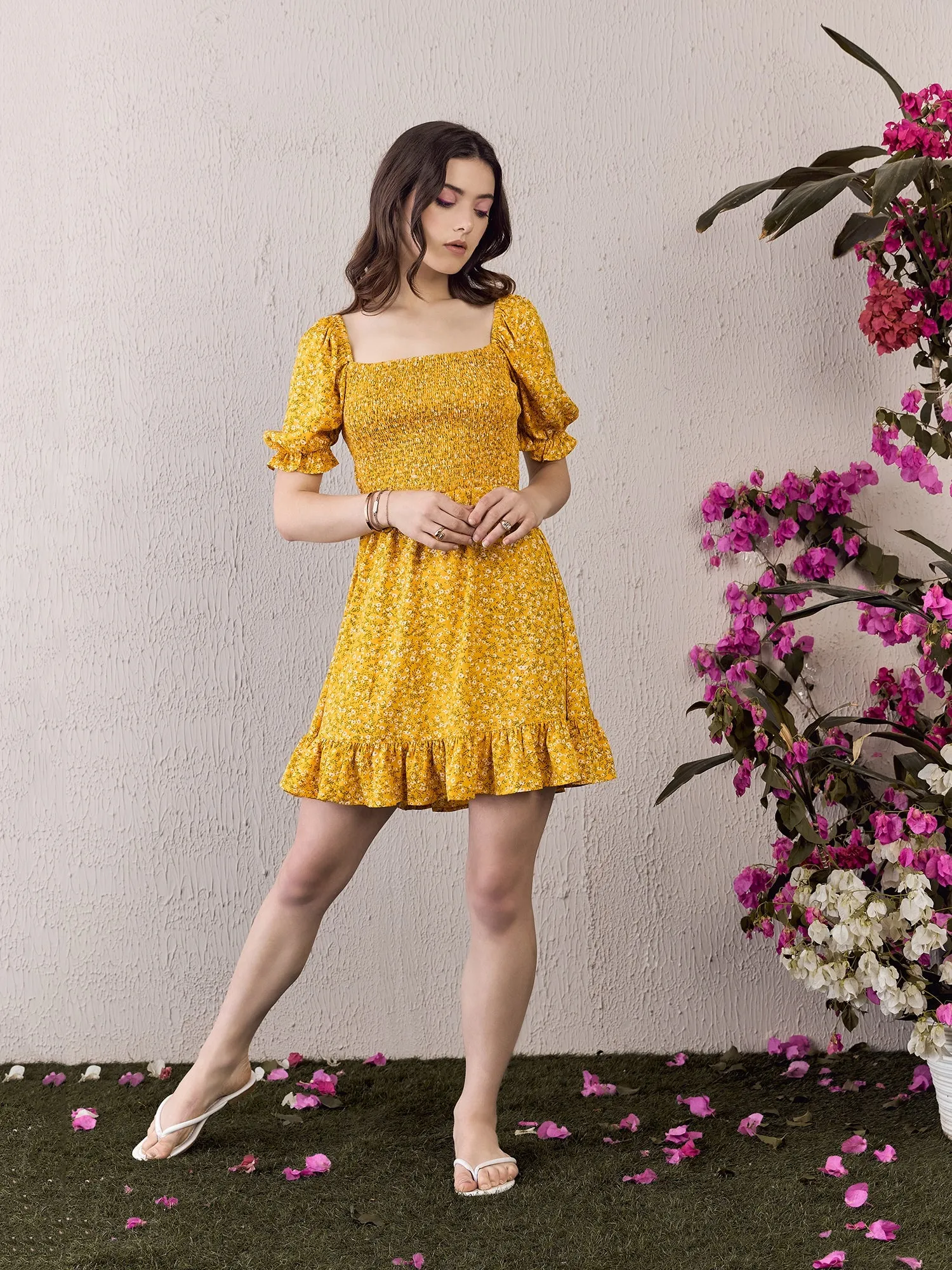 Berrylush Women Yellow Floral Printed Square Neck Back Cutout Tie-Up Flounce Hem Smocked A-Line Mini Dress