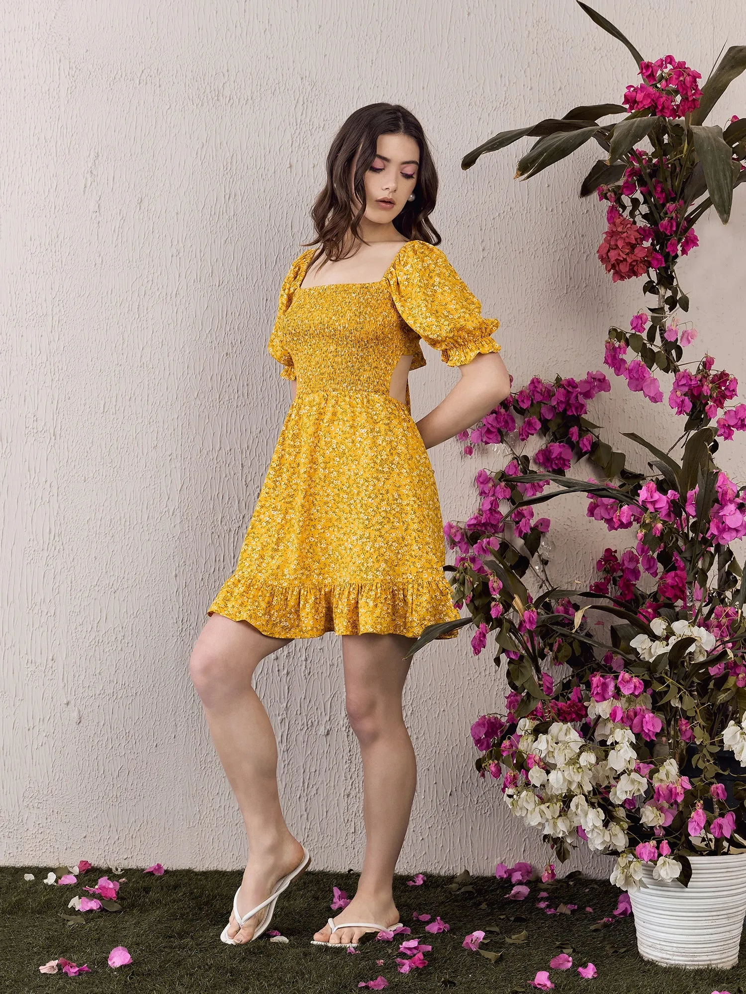 Berrylush Women Yellow Floral Printed Square Neck Back Cutout Tie-Up Flounce Hem Smocked A-Line Mini Dress