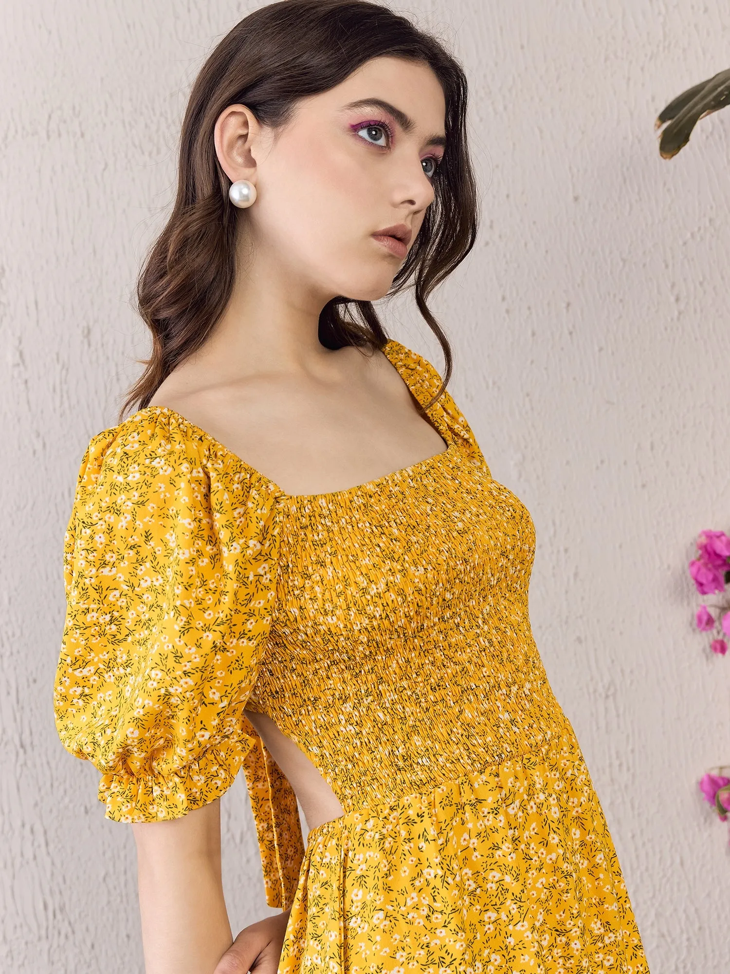 Berrylush Women Yellow Floral Printed Square Neck Back Cutout Tie-Up Flounce Hem Smocked A-Line Mini Dress