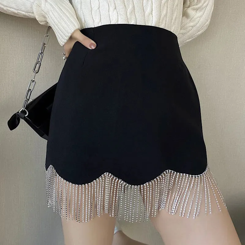 Black Patchwork Chain Casual High-waisted Skirt Females Korean Fashion A Line Mini Skirts For Women Summer