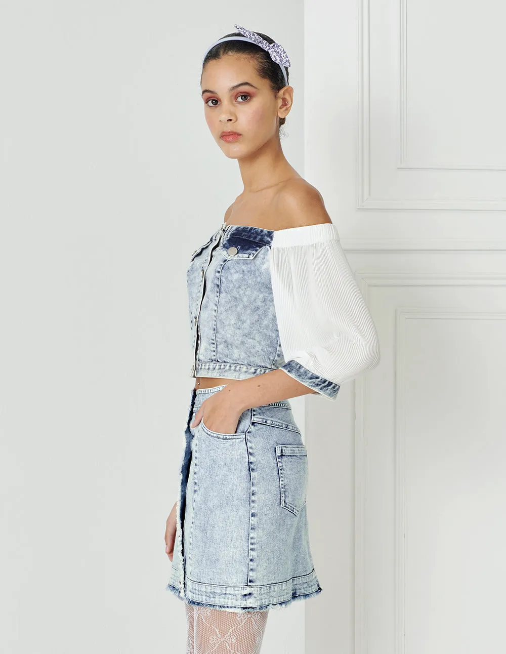 BORA AKSU Coordinating Age-Reducing Washed Blue Distressed A-Line Denim Skirt