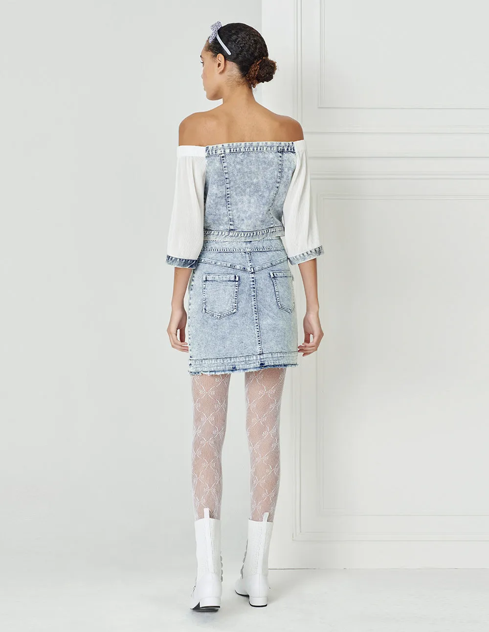 BORA AKSU Coordinating Age-Reducing Washed Blue Distressed A-Line Denim Skirt